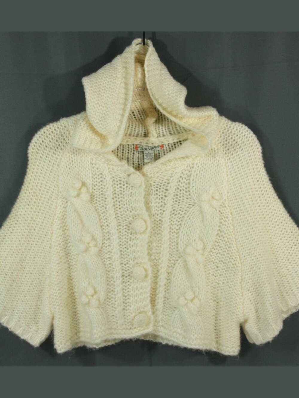 Love Change Faux Mohair Acrylic Cable Knit Cropped Hoodie Sweater Cardigan L